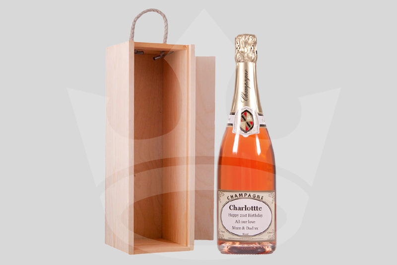 LeComber et Fils Rose champagne bottle in wooden box | Personalised champagne bottle gift