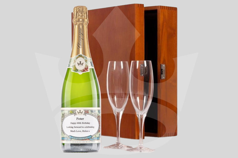 personalised champagne with two flutes in wooden gift set (750ml) | Champagne corporate gift