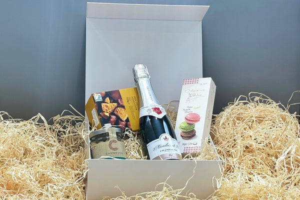 The Demi Deluxe champagne gift box with sweet and savoury nibbles | Own brand champagne hamper gift boxes by Park Lane Champagne