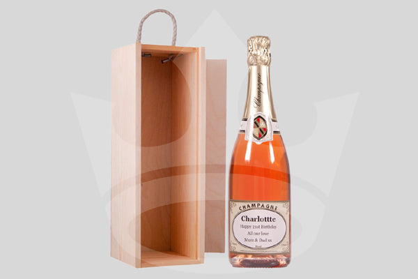 LeComber et Fils Rose champagne bottle in wooden box | Personalised champagne bottle gift