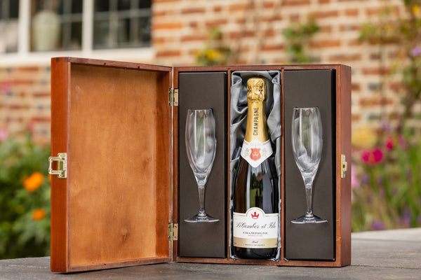 personalised champagne with two flutes in wooden gift set (750ml) | Champagne corporate gift