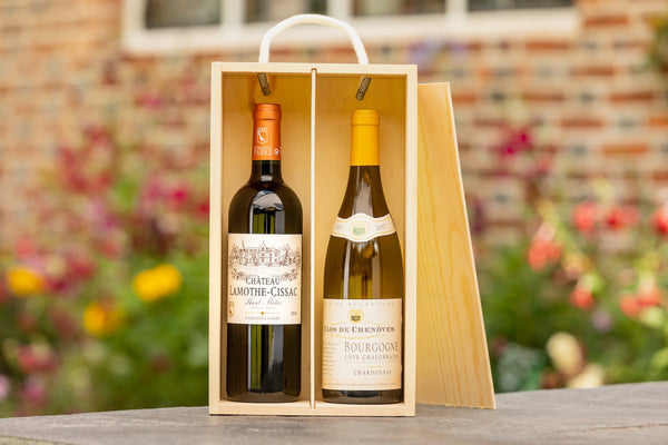 The French Duo Hamper Gift Box by Park Lane Champagne | Bottle of Bordeaux Claret and White Burgundy in a wooden gift box
