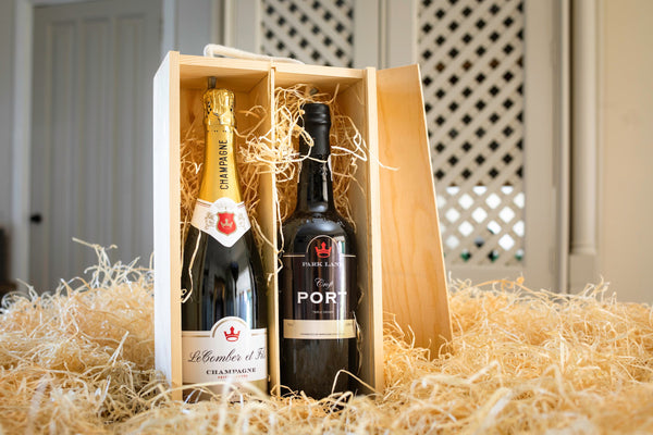 bottle of champagne and bottle of port | personalised hamper