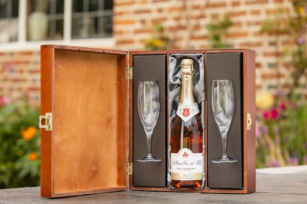 personalised ROSE champagne with two flutes in wooden gift set (750ml)