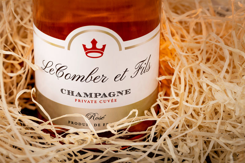 LeComber et Fils Rose champagne bottle in wooden box | Personalised champagne bottle corporate gift