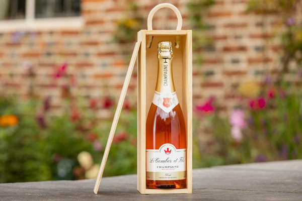 LeComber et Fils Rose champagne bottle in wooden box | Personalised champagne bottle gift